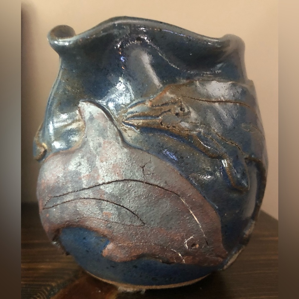 Handmade Ceramic Pitcher with Dolphin Relief in Deep Blue and Brown
